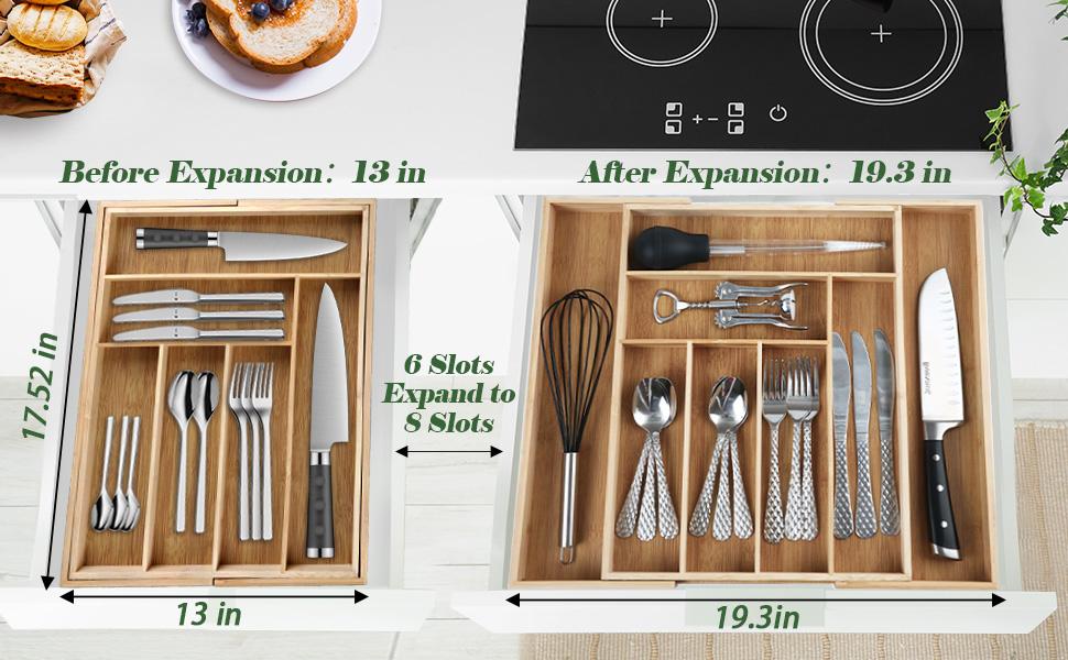 Jumbo Expandable Bamboo Rectangle Drawer Organizer - Adjustable 6-8 Slot Utensils Tray, Durable, Easy-Clean, Warm Bamboo Look, Cosmetic Holder, Box Organiser, Jewelry Storage, Bathroom & Kitchen Accessories