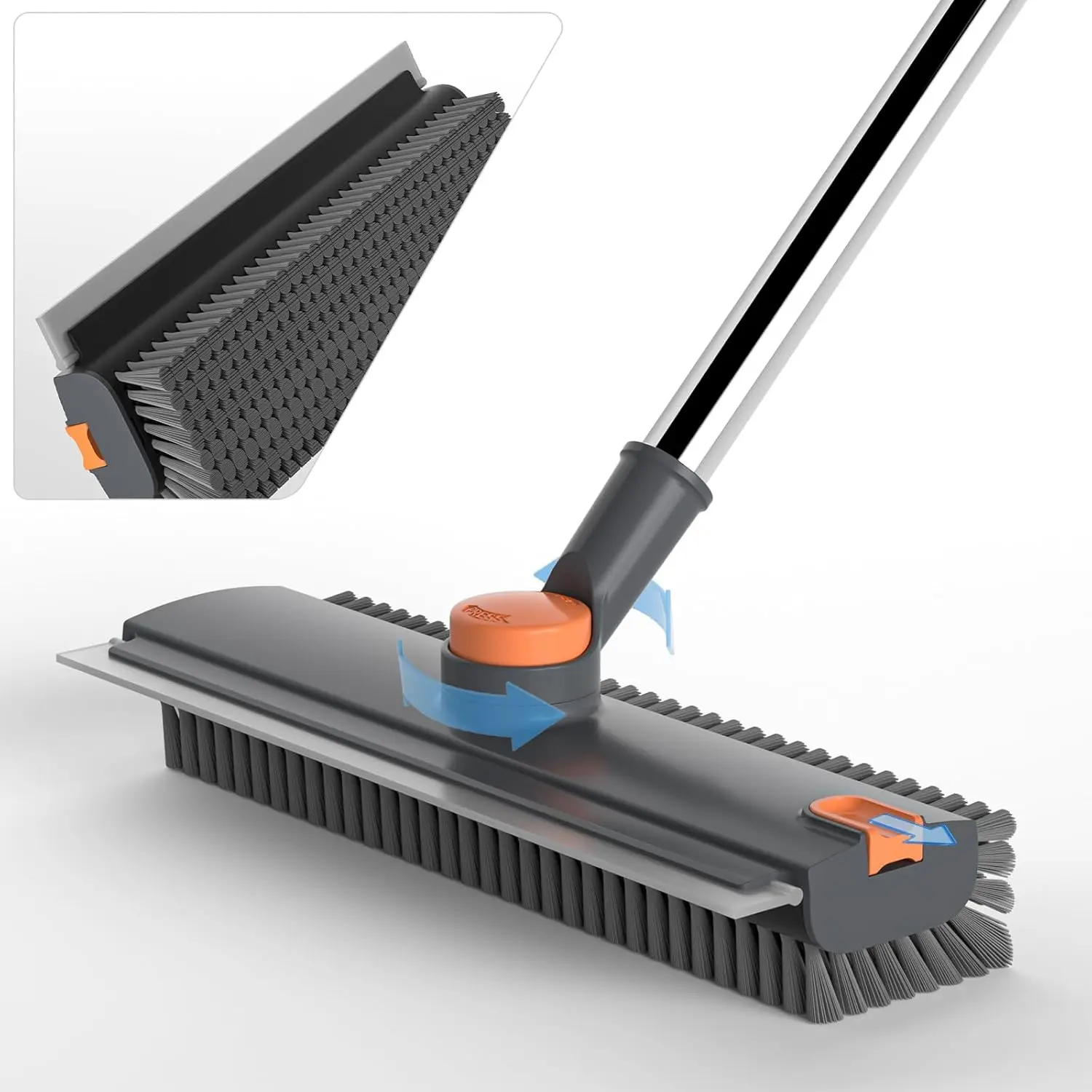 360° Rotatable Floor Scrub Brush with Stainless Steel Long Handle & Floor Squeegee Broom, Sturdy Durable Heavy Duty Stiff Bristle 3-in-1 Scrape Tool, Daily Cleaning Tools for Housekeeping (Bathroom, Kitchen) with Box