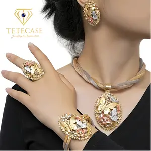 TETECASE 24K Gold Plated Butterfly Flower Jewelry Set | 4pcs Enamel & Crystal Necklace Bracelet Ring Earrings
