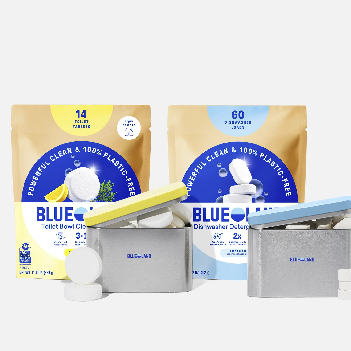 Blueland Dishwasher & Toilet Bowl Cleaner Kit, Mineral & Plant-Based Tablets with Storage Tins, Fragrance-Free & Lemon Cedar Blueland Dishwasher & Toilet Bowl Cleaner Kit, Mineral & Plant-Based Tablets with Storage Tins, Fragrance-Free & Lemon Cedar