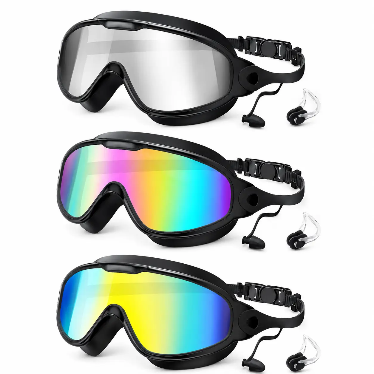 3/2-Pack Adjustable Swim Goggles, Wide View UV400 Anti-Fog Leakproof Swimming Glasses with Nose Clips for Outdoor Water Sports, Summervibes Outdoor Fun, Adjustable Swim Swimming Goggles