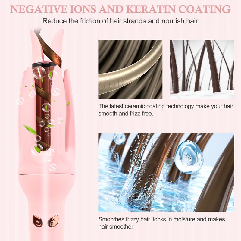 【2026】Automatic Hair Curling Iron with 4 Temperature & 3 Timer, Automatic Shut-Off, Anti-Scald, Anti-Tangle Rotating Curling Wand for Hair Styling, Pink
