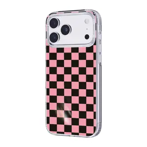 Pink & Black Checkerboard Transparent iPhone Case, Y2K Aesthetic Checkered Pattern, Shockproof Bumper Slim Protective Cover with Casing Protection for iPhone 15/16/17 Series Mobile Phone Accessories