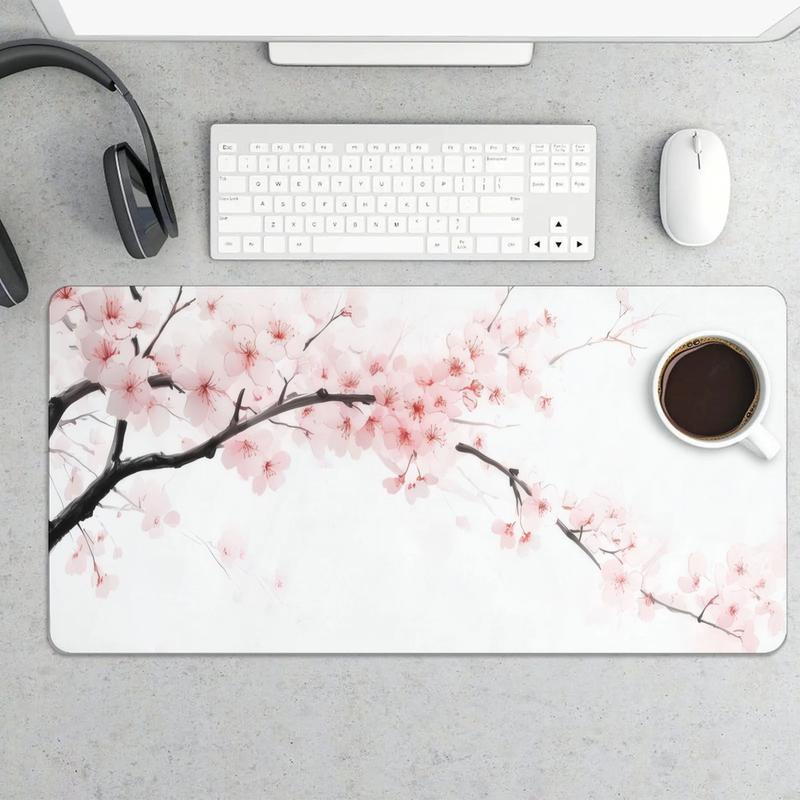 Cherry Blossom Pattern Mouse Pad, Large Gaming Mouse Pad, Non Slip Rubber Base Mousepad with Stitched Edges, Desktop Keyboard Pad for Home Office
