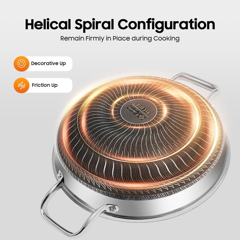 Professional 316 Stainless Steel Frying Pan Induction Compatible Non Stick Skillet for All Stovetops Gas Electric Ceramic Even Heating Restaurant Grade Cookware with Glass Lid