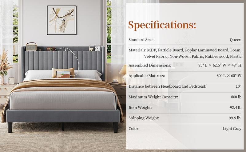 【USB Ports】Yaheetech Upholstered Bed Frame Full/Queen Velvet with Charging Ports, Storage Shelf, 800 lb Maximum Weight Capacity, No Box Spring Needed