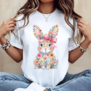 Casual Women s Round Neck Short Sleeve T Shirt Featuring Easter Bunny with Pink Bow and Colorful Swirls Print Perfect for Spring Festivals and Outdoor Leisure