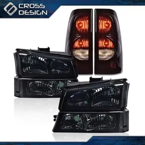 CROSSDESIGN Headlights Smoked Bumper Corner Lamps & Tail Light Fit For 03-07 Chevy Silverado