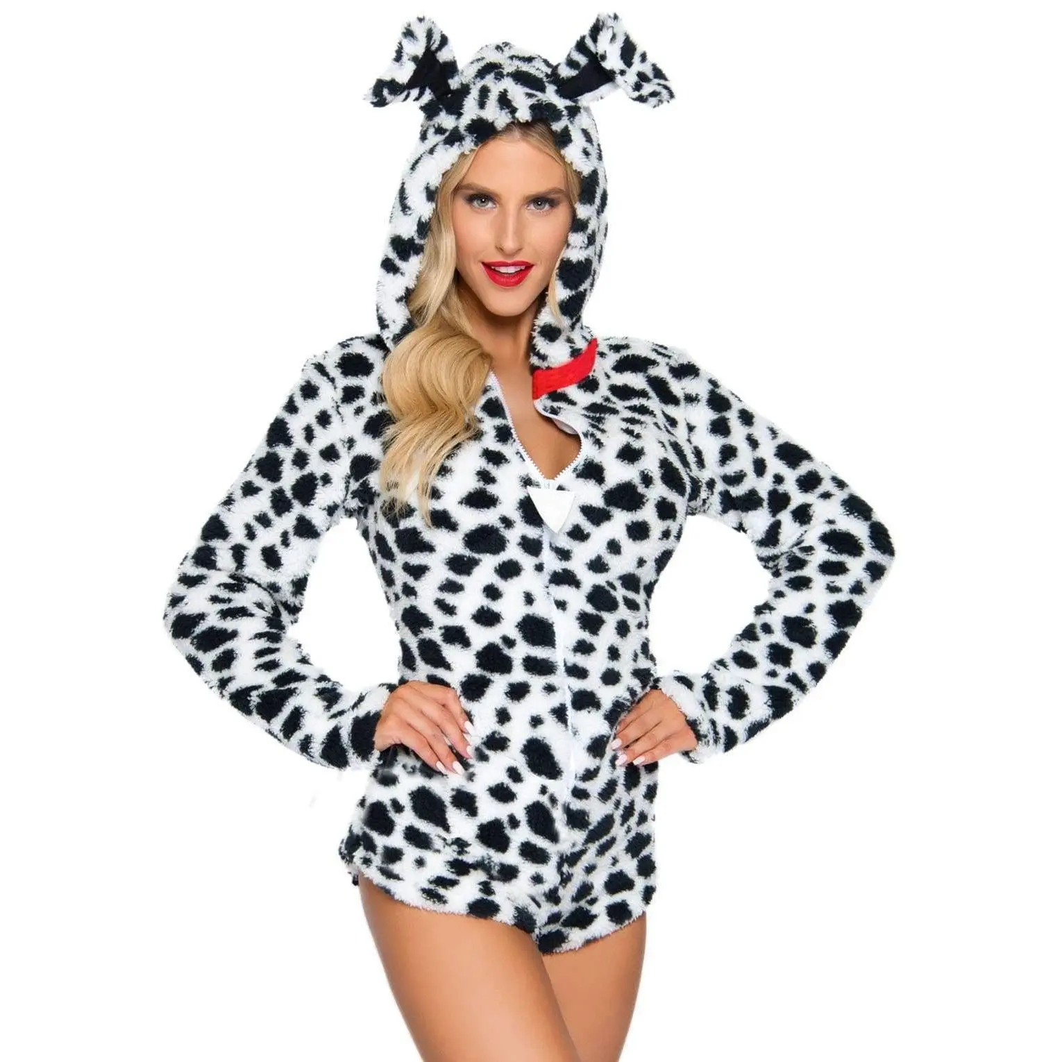 Women's Ultra-Soft Dalmatian Costume Onesie - Hooded Ears, Tail, Zip-Up Plush Animal Print Bodysuit for Halloween Cosplay, Leg Avenue Darling Romper, Party Wear Accessories, Clothes