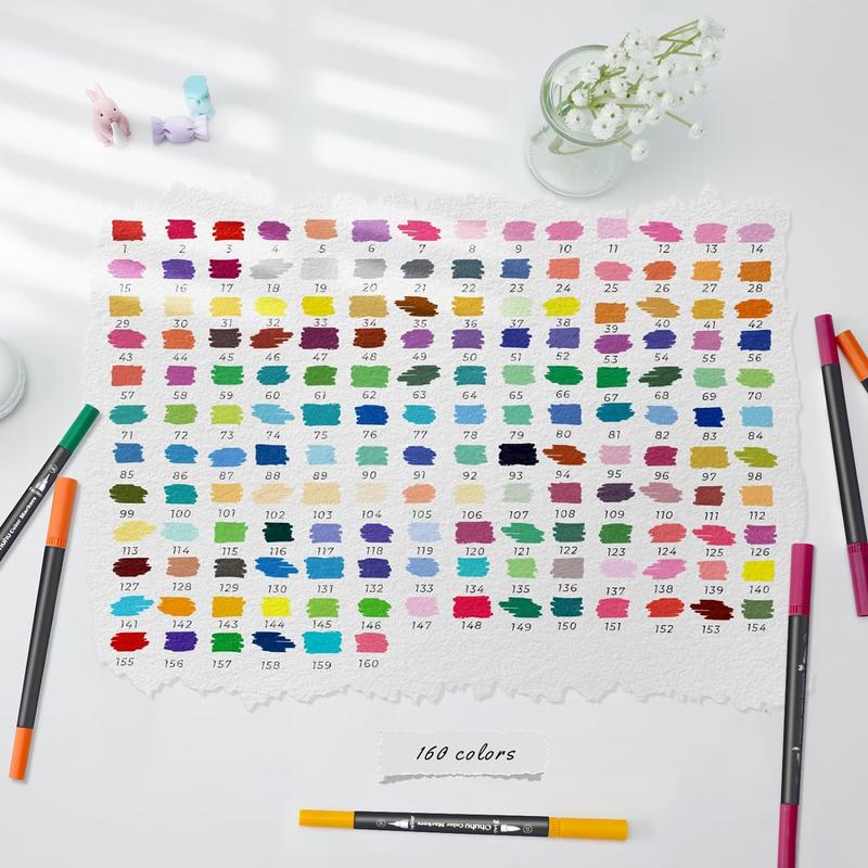 Ohuhu Maui 160-color Brush Pens Dual Brush Fine Tip Drawing Pens Water-Based Coloring Markers for Calligraphy Bullet Journal with Carrying Case -Maui