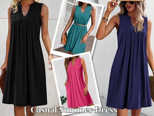Zeagoo Women's Casual A-Line Dress with Pockets 2026 Sleeveless V Neck Pleated Sundress Loose T-Shirt Work Office Dresses summerwins