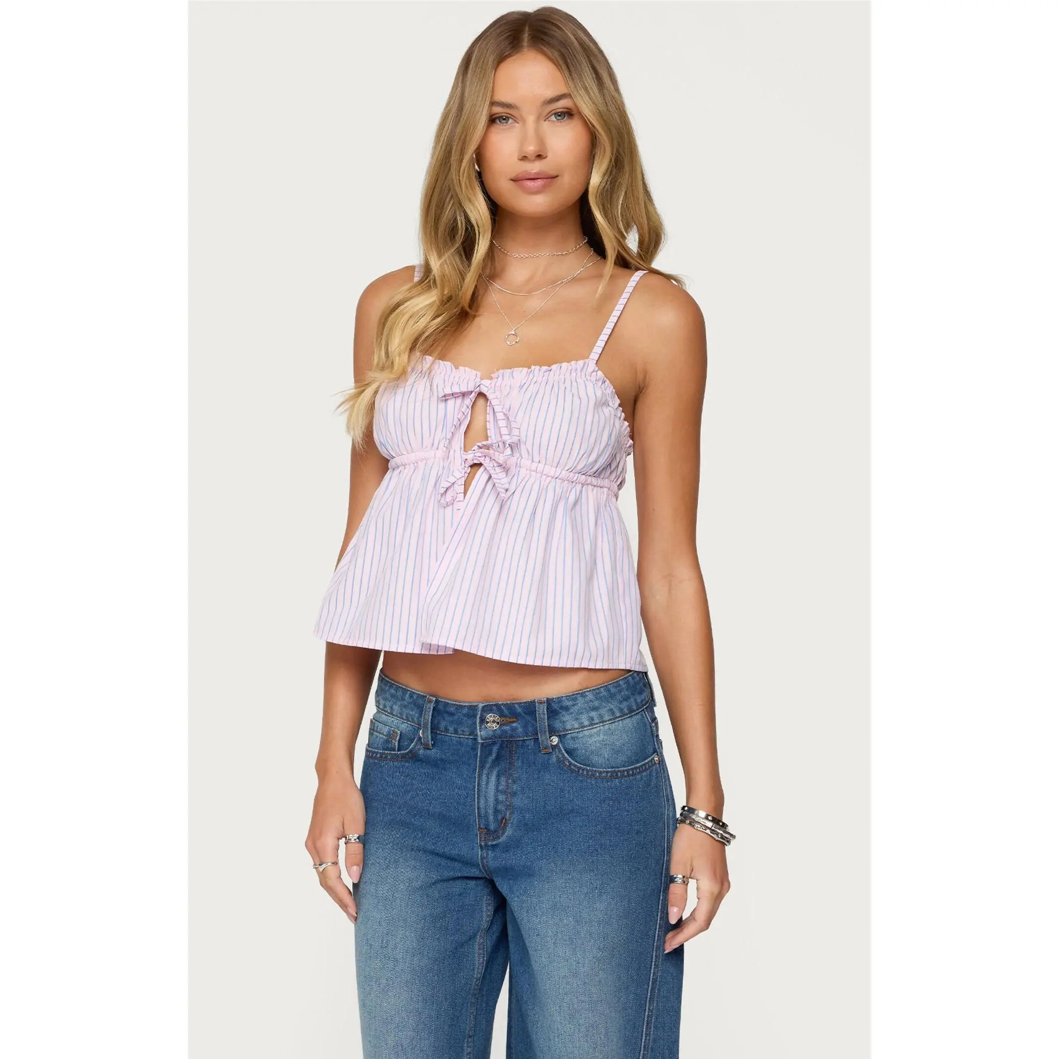Edikted Women's Avenly Striped Tie Front Babydoll Top