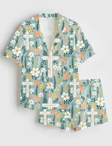Women's Christian Cross Easter Short Sleeve Satin Pajama Set