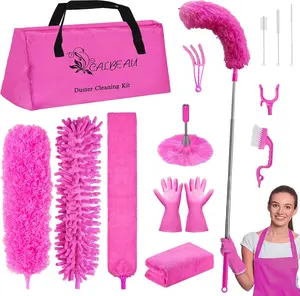 Microfiber Dusters for Cleaning, Feather Dusters with Extension Pole, Bendable & Washable Dusters for High Ceiling Fan, Blinds, Cars, Furniture, Cleaning Tools Kit Pink Gift for Women (15 PCS) CALBEAU