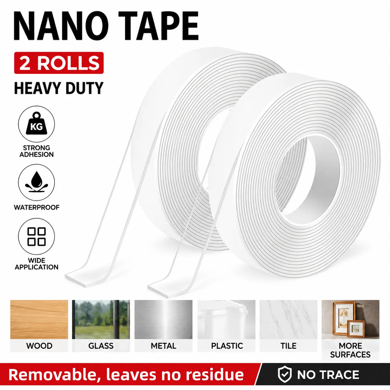 2026 Upgraded Nano Double-Sided Transparent Mounting Tape 9.84ft x 2mm, Strong Self-Adhesive, Waterproof, Removable, Residue-Free Clear Tape for Home Decor, Picture Hanging, DIY, Glass, Wood, Metal & Tile