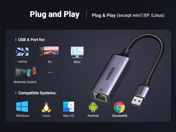 UGREEN USB to Ethernet Adapter, Plug and Play Ethernet Adapter, Aluminium Shell, 1Gbps Gigabit RJ45 to USB 3.0 Network Dongle, Compatible with Nintendo Switch, Laptop, MacBook, Surface Pro, Windows