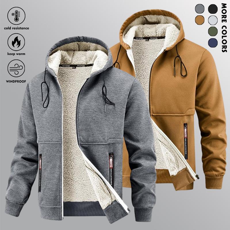 Men's fleece-lined zip-up jacket with hood, warm and cozy for winter weather, featuring pockets and soft fabric, perfect for gym, skiing, outdoor activities - machine washable cold weather apparel Casual