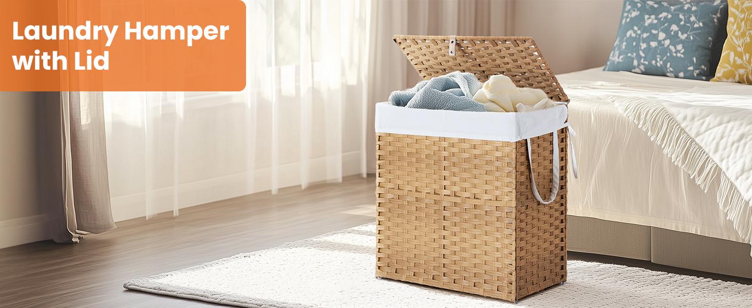Woven Rattan Laundry Hamper with Adjustable Lid, Dirty Clothes Busket, Foldable, Steel Frame, Machine Washable for Home, Bathroom, Bedroom
