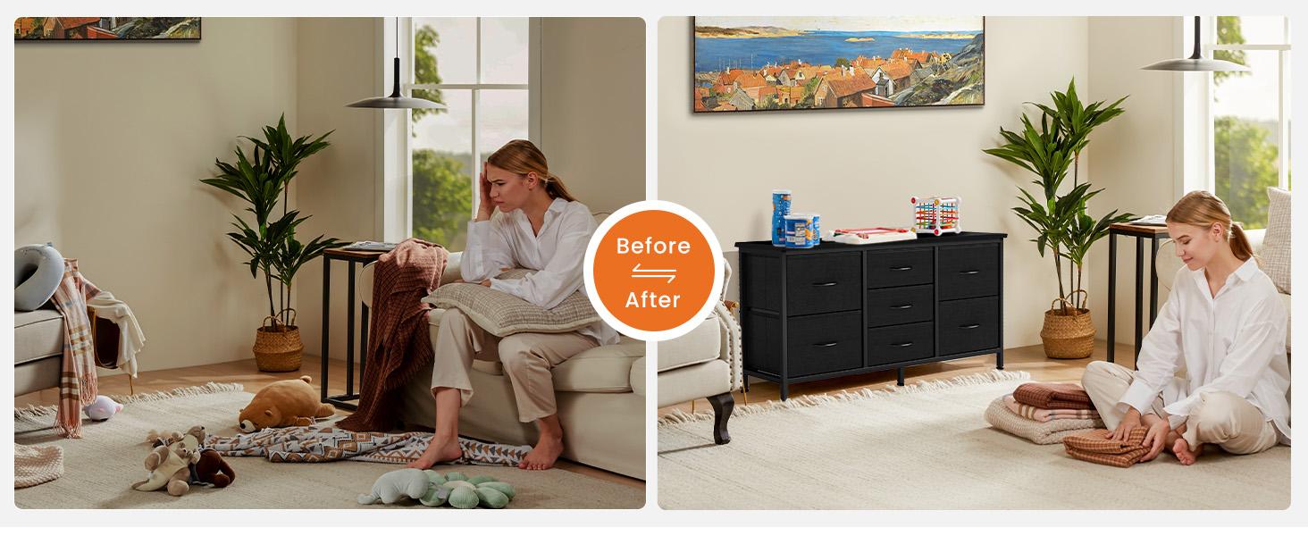 7-Drawer Fabric Dresser for Adults 47-inch TV Stand for Most 43 to 55 inch TVs Wide Storage Chest with Metal Frame Black