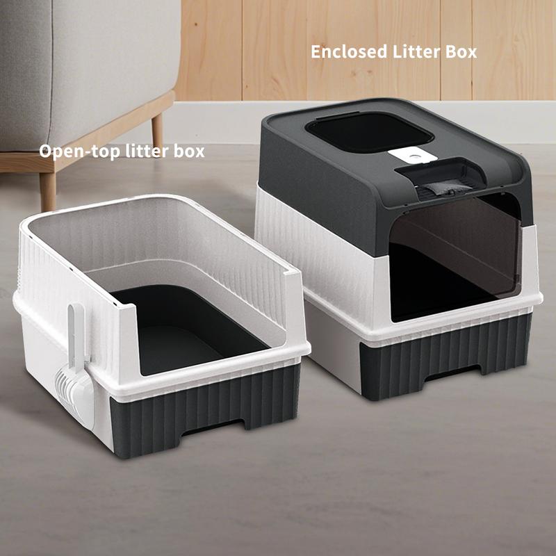 An extra-large, fully enclosed cat litter box featuring a pull-out drawer for easy cleaning, built-in UV light sterilization, and a design that effectively contains litter scatter.