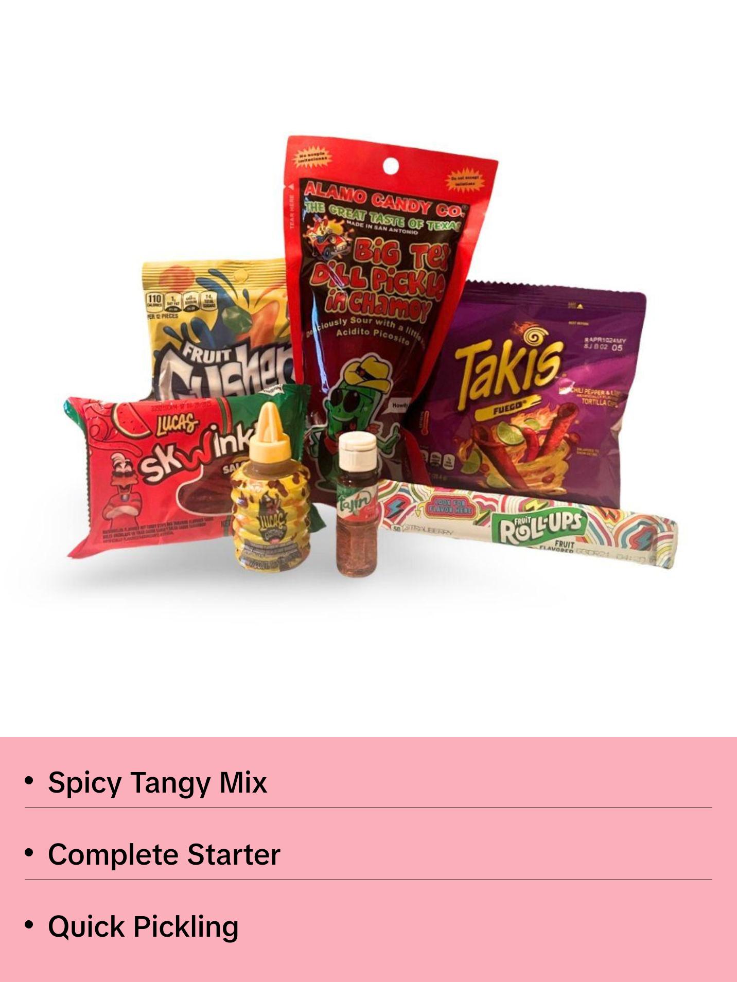 Big Tex Chamoy Pickle Kit with Baby Tajin, Lucas Gusano, Skwinkles, Gushers, Fruit Roll Up, and Takis