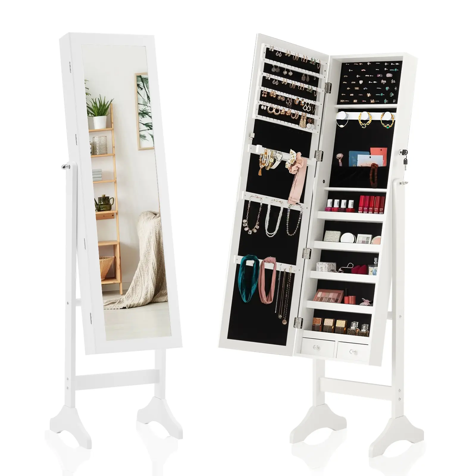 Freestanding Jewelry Armoire with Full Length Mirror, Lockable Standing Jewelry Organizer Cabinet,Large Capacity Makeup Storage with Velvet Lining