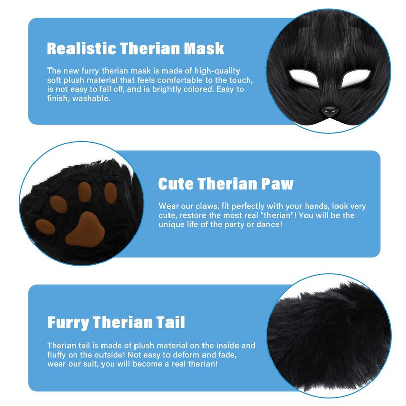 4Pcs Faux Fur Fox Costume Set with Plush Mask Fluffy Claw Gloves & Tail Perfect for Halloween Christmas and Costume Parties Ideal Gift for Children, Therian Gear
