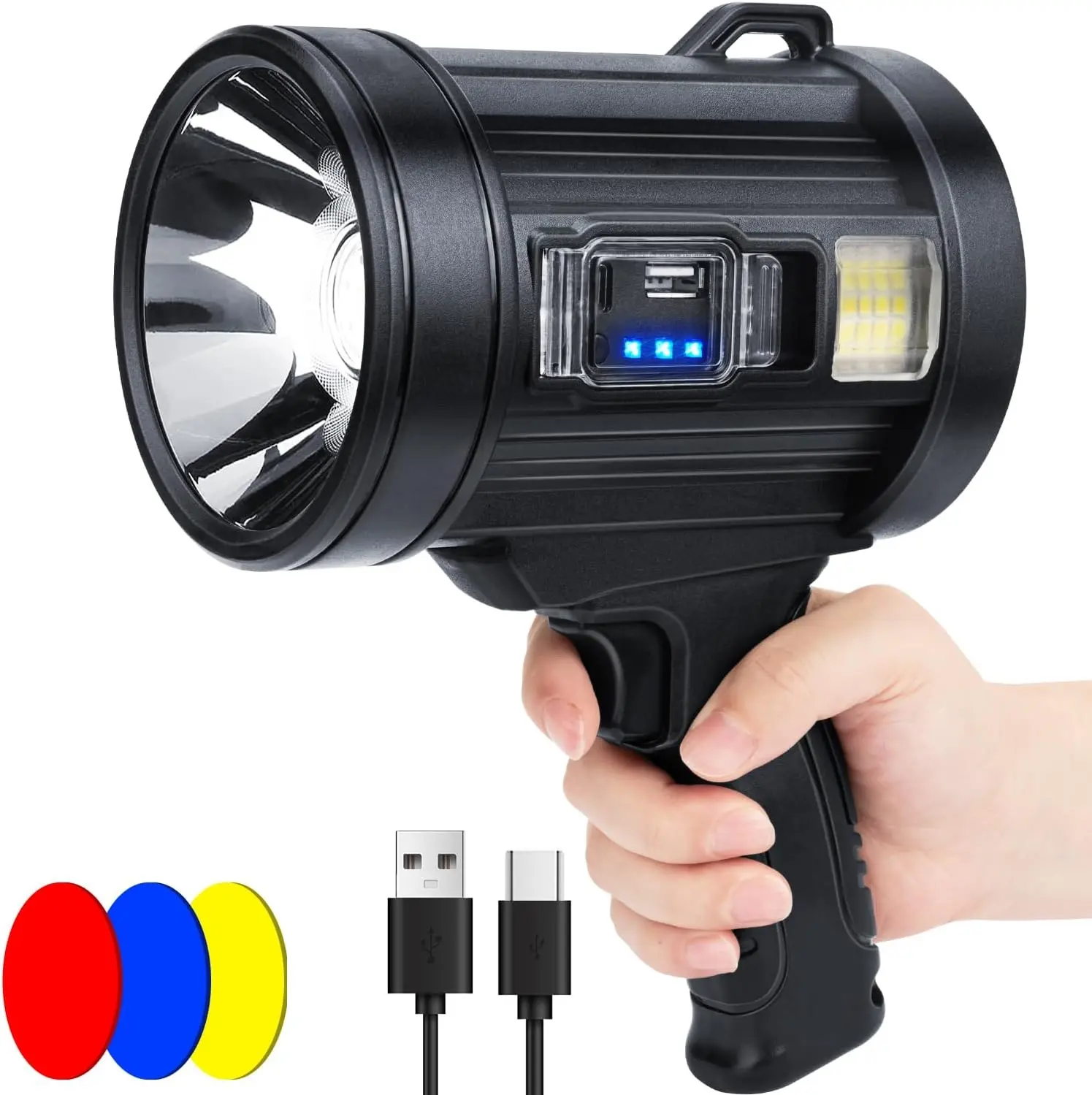 Rechargeable Spotlight Flashlight, Spot Light Handheld Spot Lights, LED Spotlights with COB Light,Super Bright Hand Held Spotlight for Boat