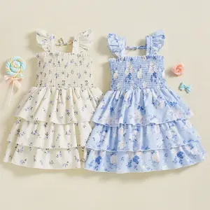 Little Girl Summer Dress Floral Print Flutted Sleeve Square Neck A-Line Tiered Ruffled Cake Dress