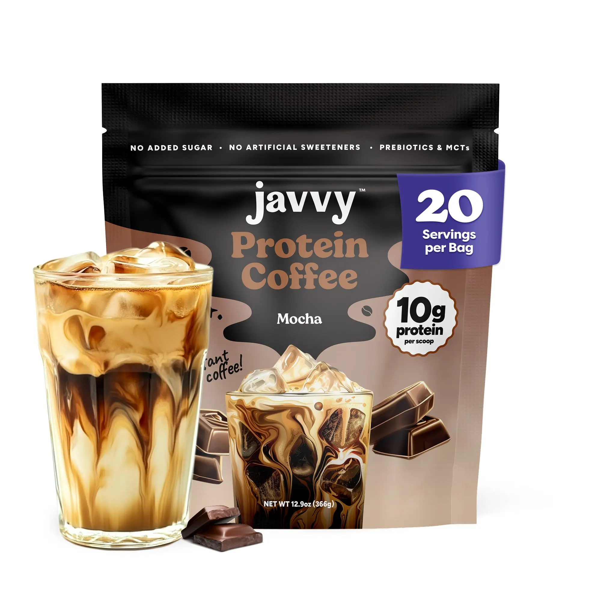 Javvy Mocha Protein Iced Coffee Beverage - Premium Whey Protein, Premium Arabica Coffee, 100% Natural Cold Brew, 0 Artificial Flavors & Sweeteners, 80 mg Caffeine Per Serving, No Added Sugar, 20 Servings