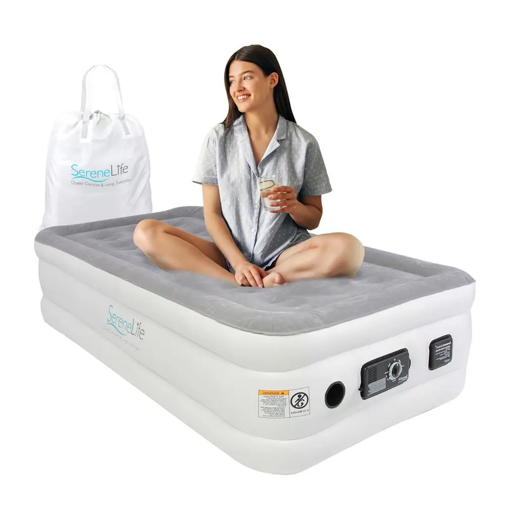 Adult 18-in Twin Size Inflatable Bed - Motorized Electric Pump, Heavy-Duty PVC Portable Airbed with Coil Support, 375 lb Load Capacity, Multi-Purpose for Home & Camping, Carry Bag & Repair Kit Included