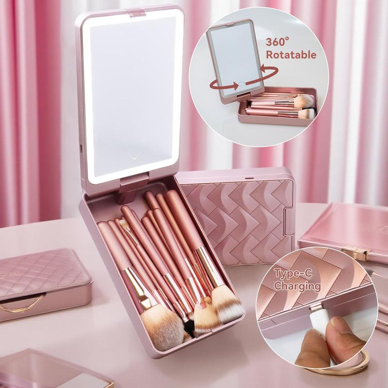 Makeup Brushes 21 Pcs Double-ended Kabuki Brush Travel Makeup Brushes for Foundation Powder Concealers Eye Shadows Makeup Tools Set with LED light Mirror (Pink)