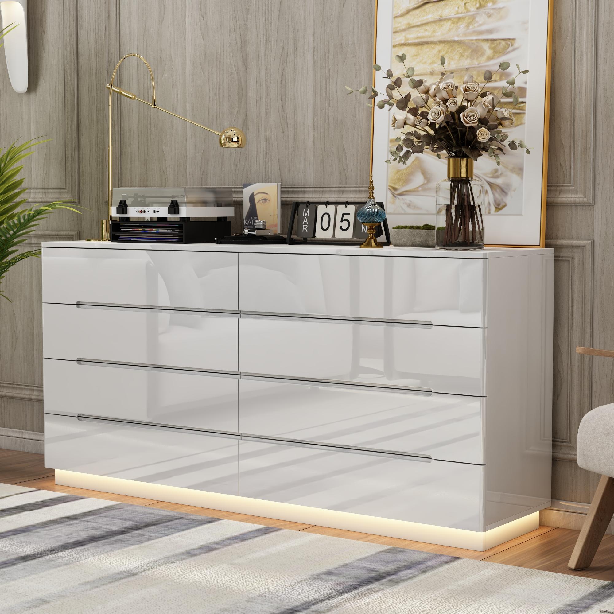 FUFU&GAGA 63" Modern LED Dresser with 8 Drawers & Glossy Surface - Glowing Storage Cabinet Organizer for Bedroom Furniture Organization Aesthetic Minimal FUFU&GAGA 63" Modern LED Dresser with 8 Drawers & Glossy Surface - Glowing Storage Cabinet Organizer for Bedroom Furniture Organization Aesthetic Minimal