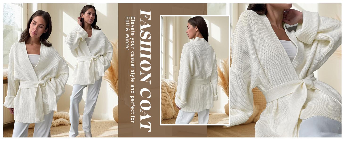 utcoco Womens Oversized Knit Cardigan Belted Wrap Sweater Long Sleeve Loose Fit Open Front Coat for Fall & Winter SpringStatements
