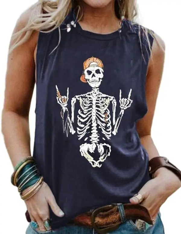 Cicy Bell Women‘s Funny Skull Graphic Tank Tops Summer High Neck Sleeveless Workout Tee Shirts High Quality Soft Comfortable Loose Fit Perfect for Jeans Shorts Leggings Womenswear Casual