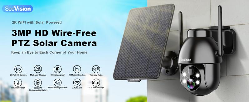 SeeVision WiFi Security Outdoor Solar Wireless Camera with Spotlight PIR Motion Detection Color Night Vision Two-Way Talk 3MP 2K HD IP66 Waterproof 5200mAh Battery 360° Pan & Tilt Control