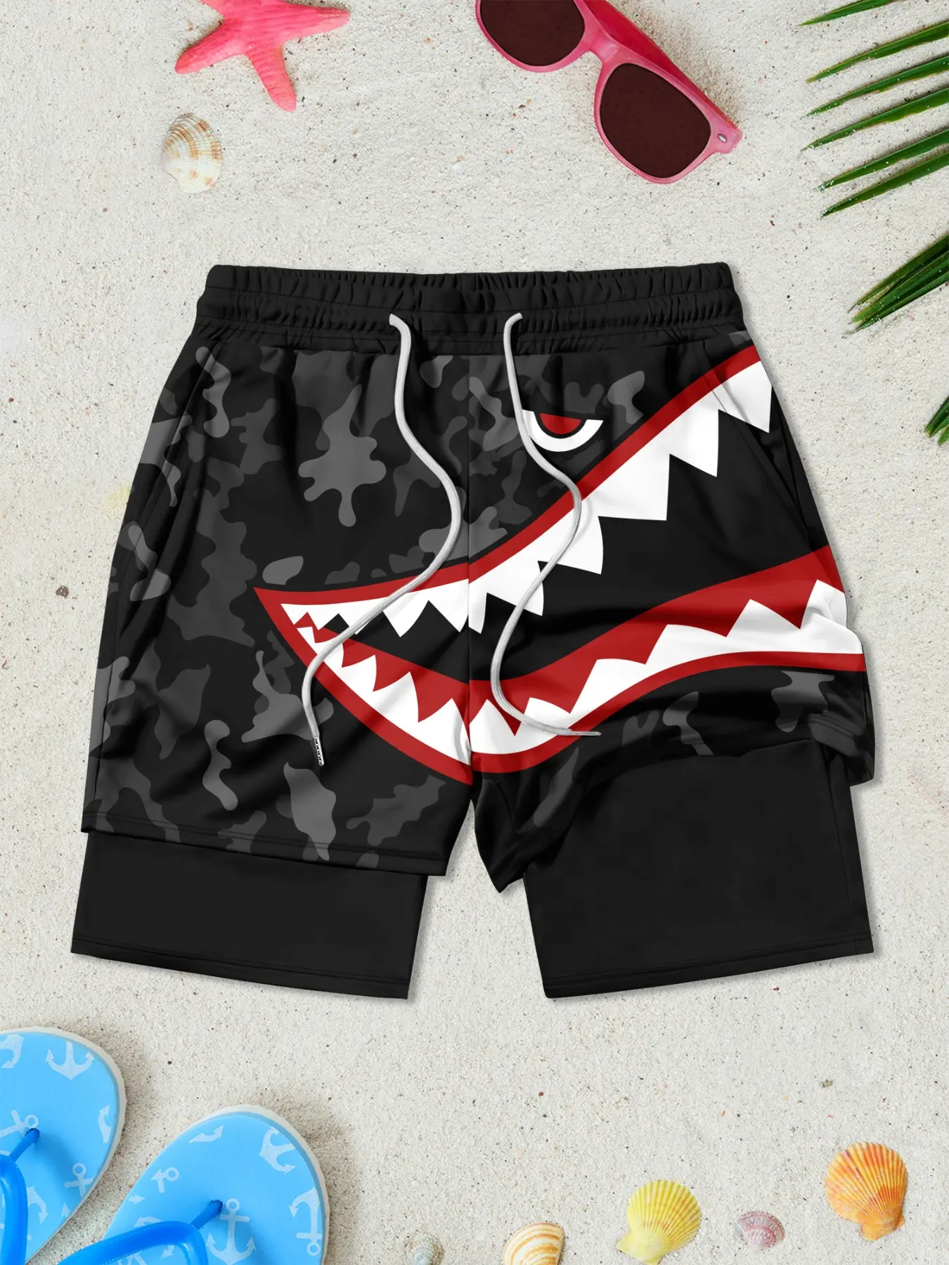 Summer Quick-Dry Breathable Men's Casual Loose Short Double-Layer Beach Shorts, Anti-See-Through Lining, Shark Mouth Print, Multi-Scene Shorts