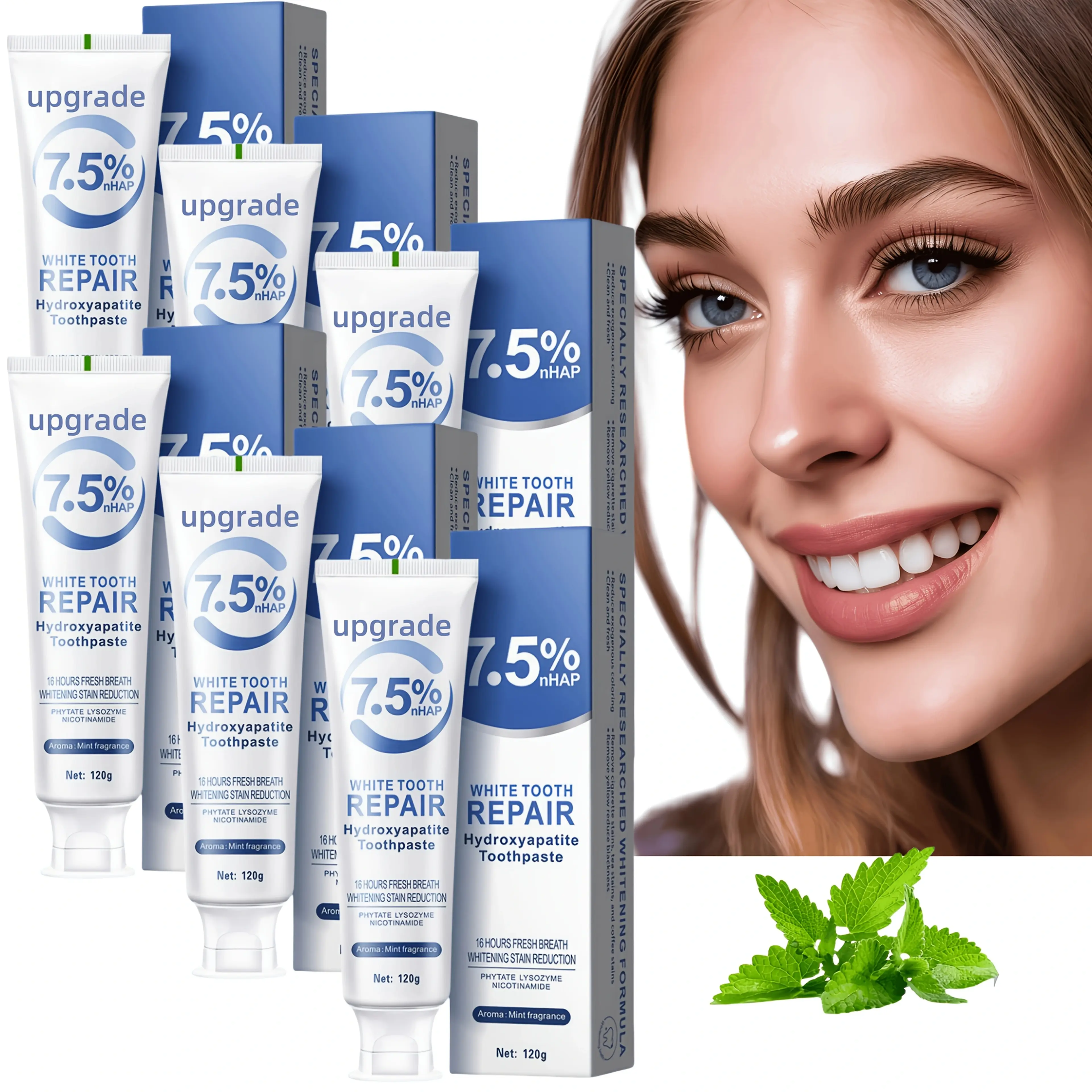 Skidnryka 6-Pack 7.5% Hydroxyapatite Nano-Cleaning Toothpaste, Deep Clean, Teeth Whitening, Mint Fresh, Family Travel Care Combo Set