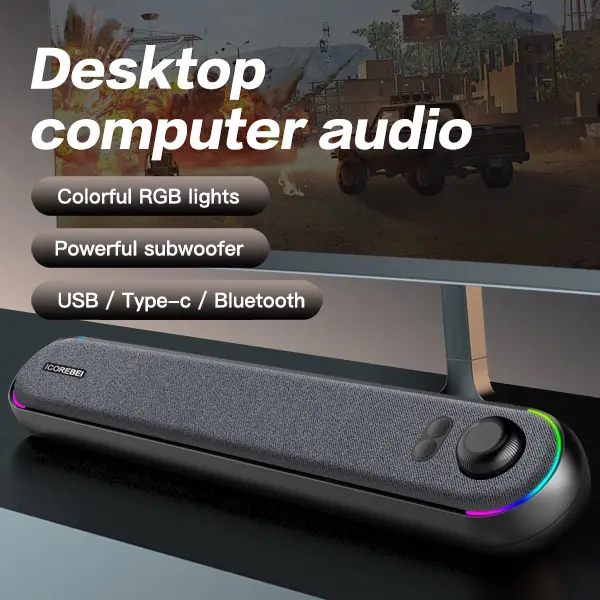 ICOREBEI Plastic Desktop Bluetooth 5.3 Speakers - Stereo Soundbar, USB/USB-C Power & Audio, Plug-and-Play, RGB Gaming Setup Speakers, Sound Upgrade for PC/Laptops, Mobile Phone Compatible
