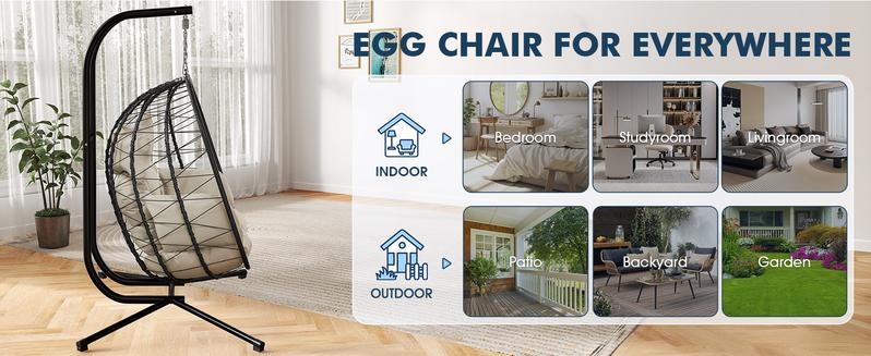 【Valentine's Day gift】Double Hanging Egg Chair with Cushion, 700lbs Capacity - Foldable Patio Chair with Handwoven PE Wicker & Rust-Proof Frame, for Garden, Porch, Backyard Soft Lounge Swing
