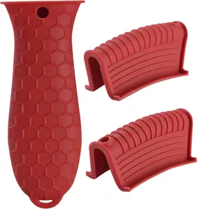 3 Pack Assist Pan Handle Sleeve Pot Holders, Heat Resistant Pot Handle Covers, Non-Slip Silicone Cast Iron Handle Grip for Cast Iron Skillet Metal Pan (Red)