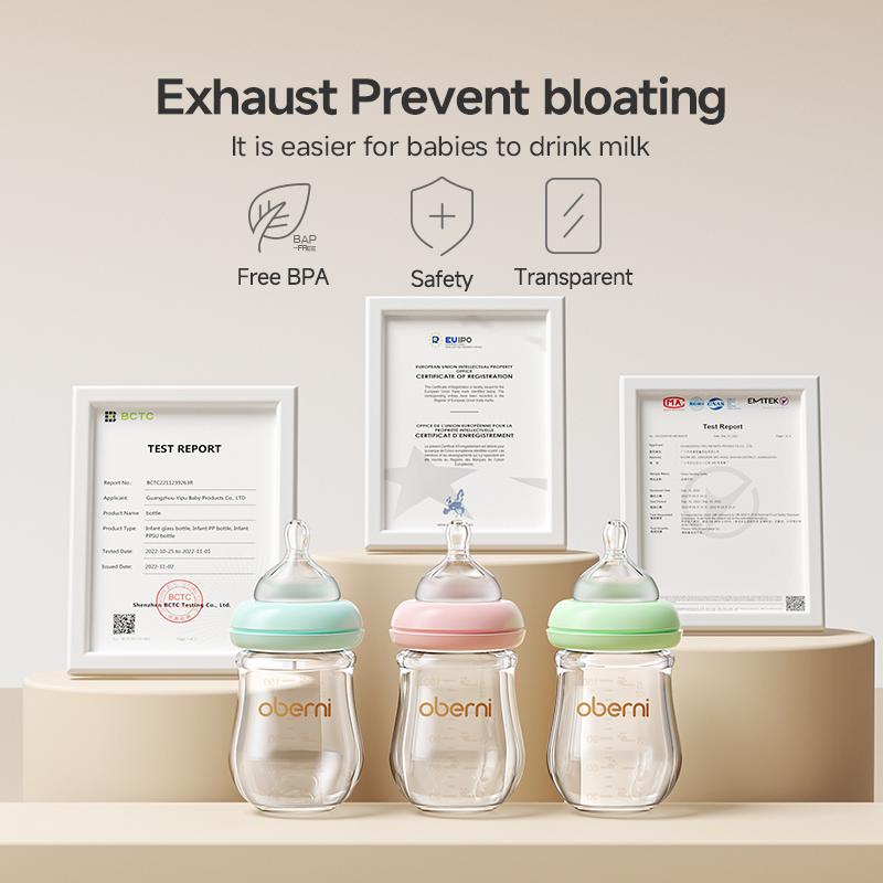Oberni Breastfeeding Bottle 150ml/5oz Glass Anti Colic Baby Bottles with Natural Response Nipple BPA Free for Newborn Preemie 0+Month Infant Care Travel