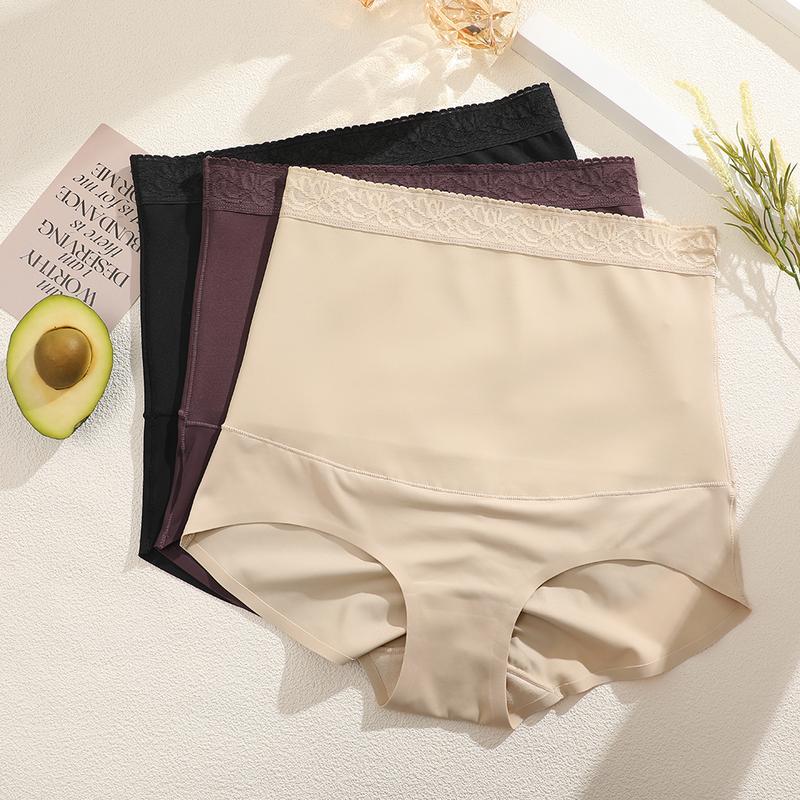 FINETOO Women's Seamless Underwear Lace Waistband Design Womenswear Comfort Nylon Stretchy Panty Sringtok 3PCS S-3XL High Waisted Lingerie