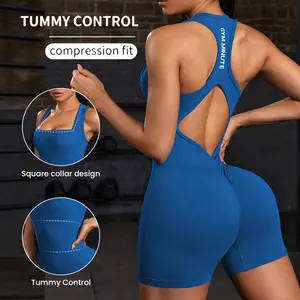 Hijesse Women's Multi-Color Fitness Bodysuit Sleeveless Shorts Square Neck Hollow Back Letter Print Gym Yoga Run Daily Wear  Spring Summer