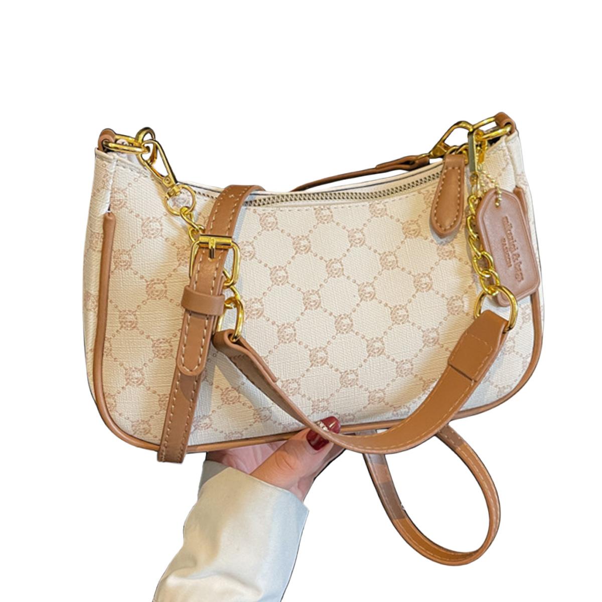 Women's PU Leather Crescent Shoulder Bag Sling with Print Letter Pattern Compact Underarm Purse for Daily Use