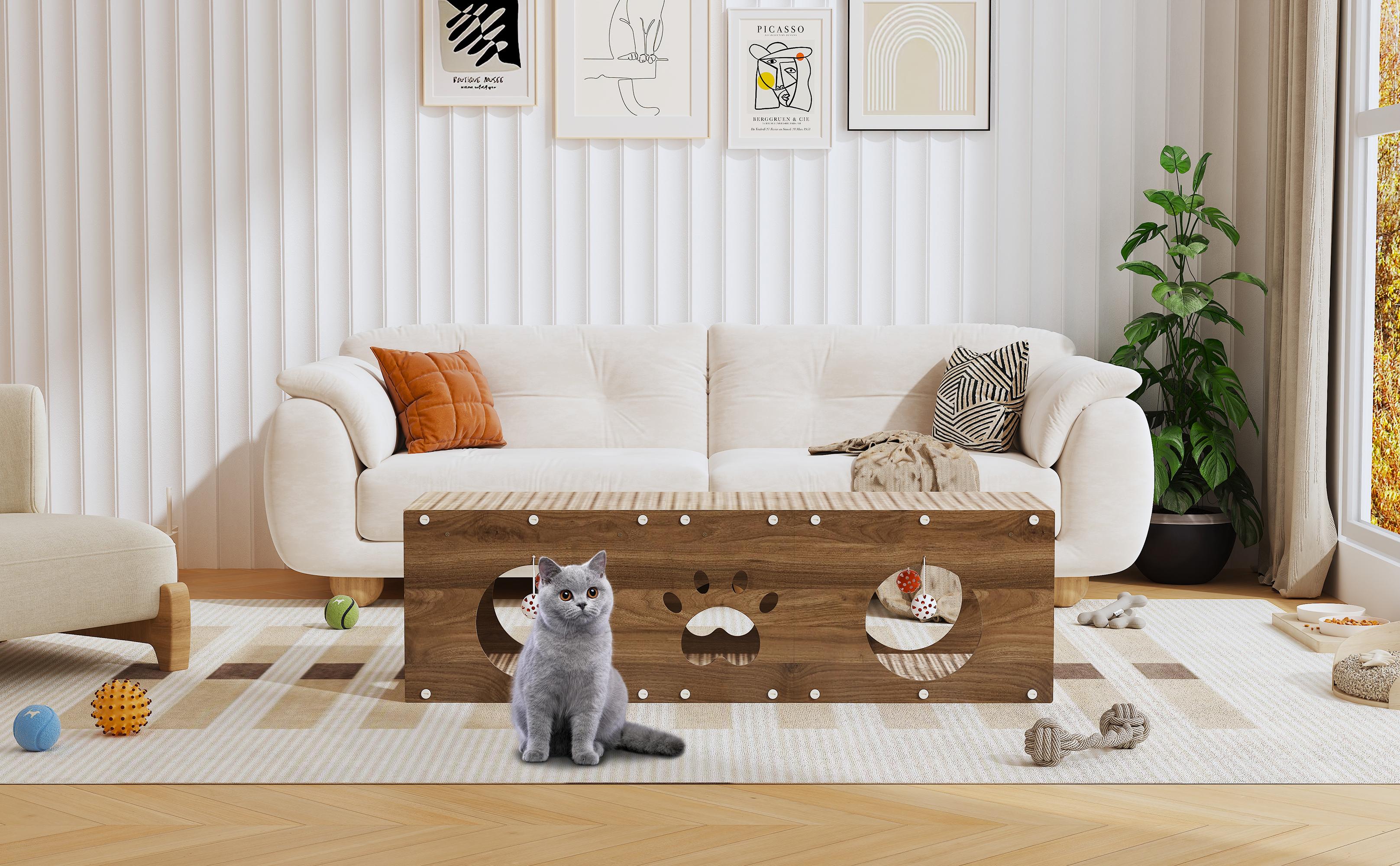 IRONCK Large Wooden Cat House & Scratcher with Ball Toy | Durable Pet Furniture for Indoor Cats, 2-in-1 Playhouse & Cat Bed