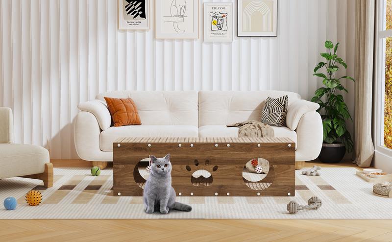 IRONCK Large Wooden Cat House & Scratcher with Ball Toy | Durable Pet Furniture for Indoor Cats, 2-in-1 Playhouse & Cat Bed