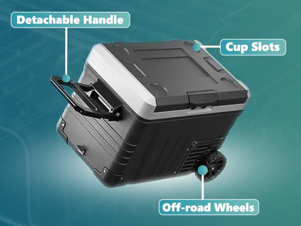 EUHOMY 12V Refrigerator (24/37/53Quart /23L/35L/50L) supports 12V/24V DC & 110-240V AC. Portable with -4°F~68°F range, it features wheels, 2 baskets, and large cooling zone. Ideal for RVs, travel, Truck, Boat