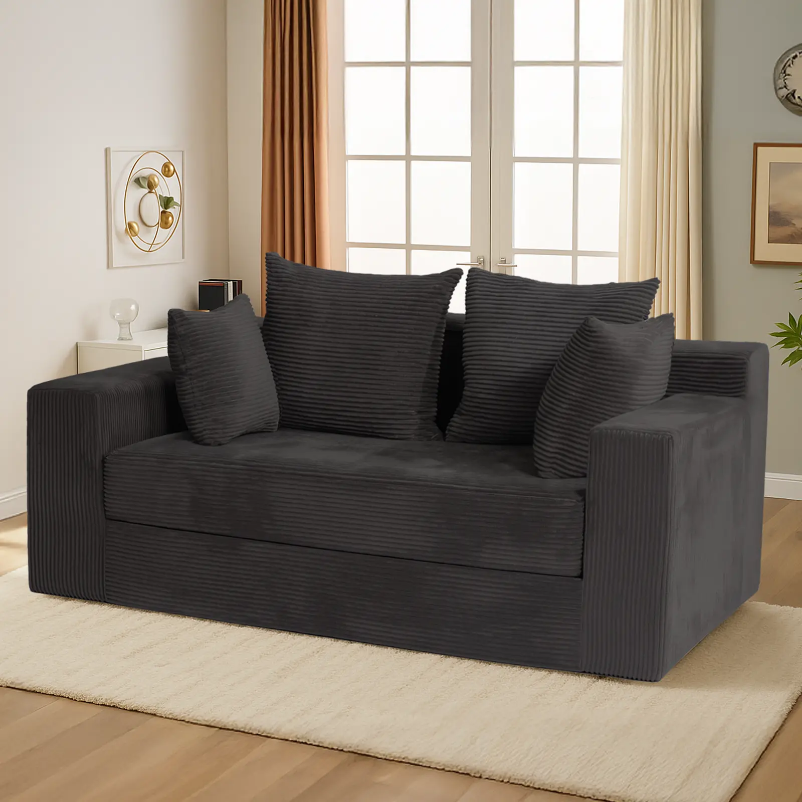 Winzoo Convertible Sofa Bed Floor Couch 3 in 1 Oversized single seat/Loveseat Folding Chaise Lounge Chair Futon Sleeper 4 Pillows for Living Room
