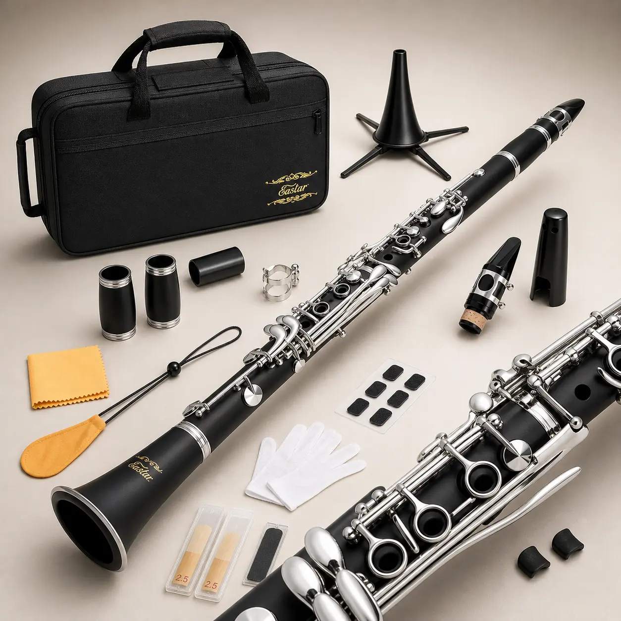New Clarinet Set for Students Beginner / Student Ebonite Bb School Band Woodwind Instruments 2 Barrels, 3 Reeds and Mouthpiece Connectors, Hard Case, Cloth, Stand and More, Nickel-plated Keys